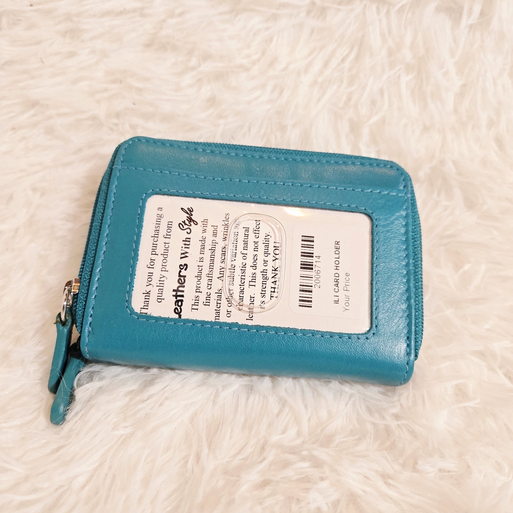 Teal leather card holder wallet RFID blocking technology zippered folding